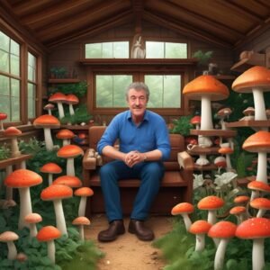 Artwork of Jeremy Clarkson in a shed with mushrooms