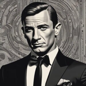 James Bond Quiz, 007 in front of swirls. Unofficial fan created artwork.