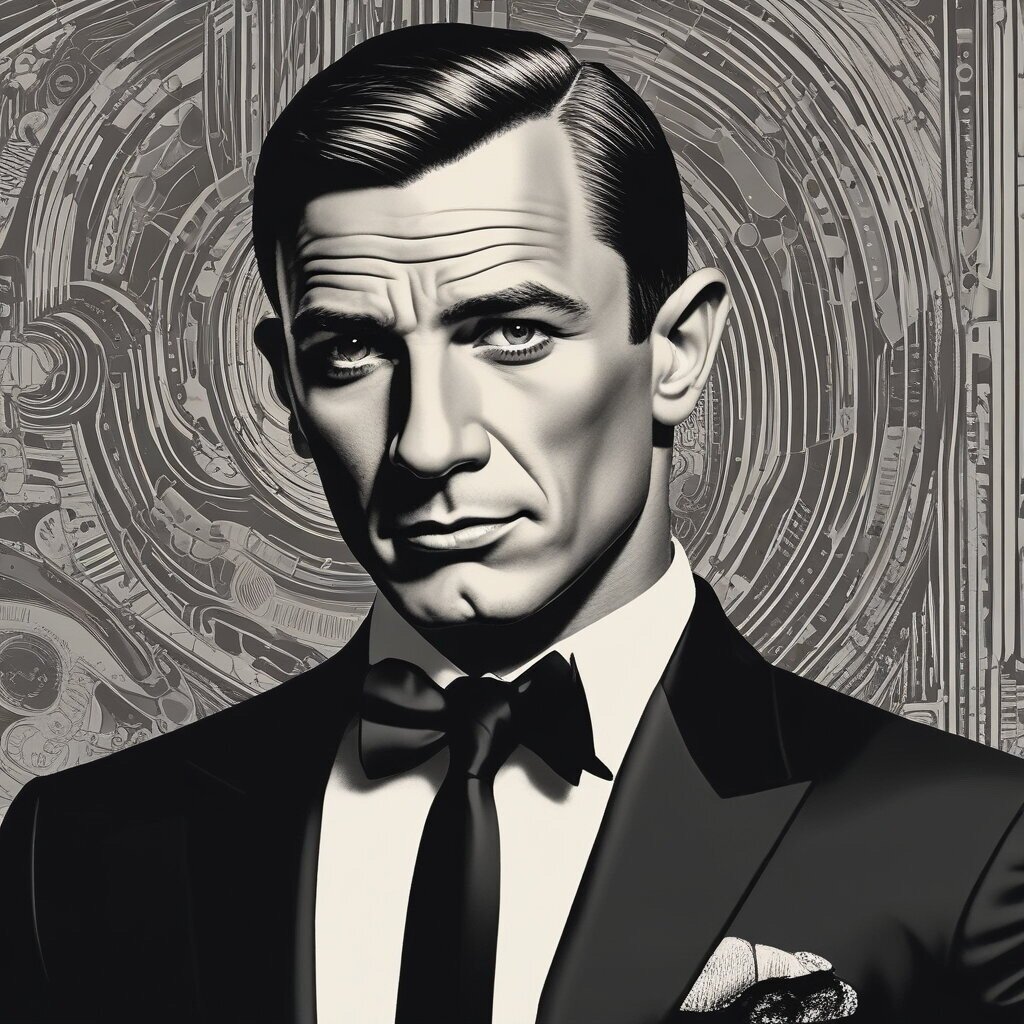 James Bond Quiz, 007 in front of swirls. Unofficial fan created artwork.