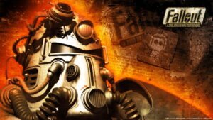 Poster of Fallout computer game, mask and logo on fire background