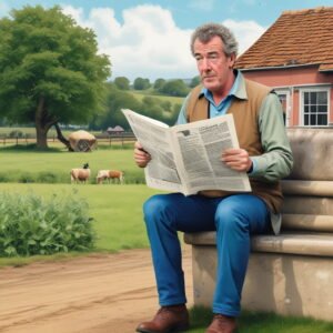 Unofficial artwork. Amazons Clarkson's Farm. Jeremy Clarkson reading a paper doing a quiz