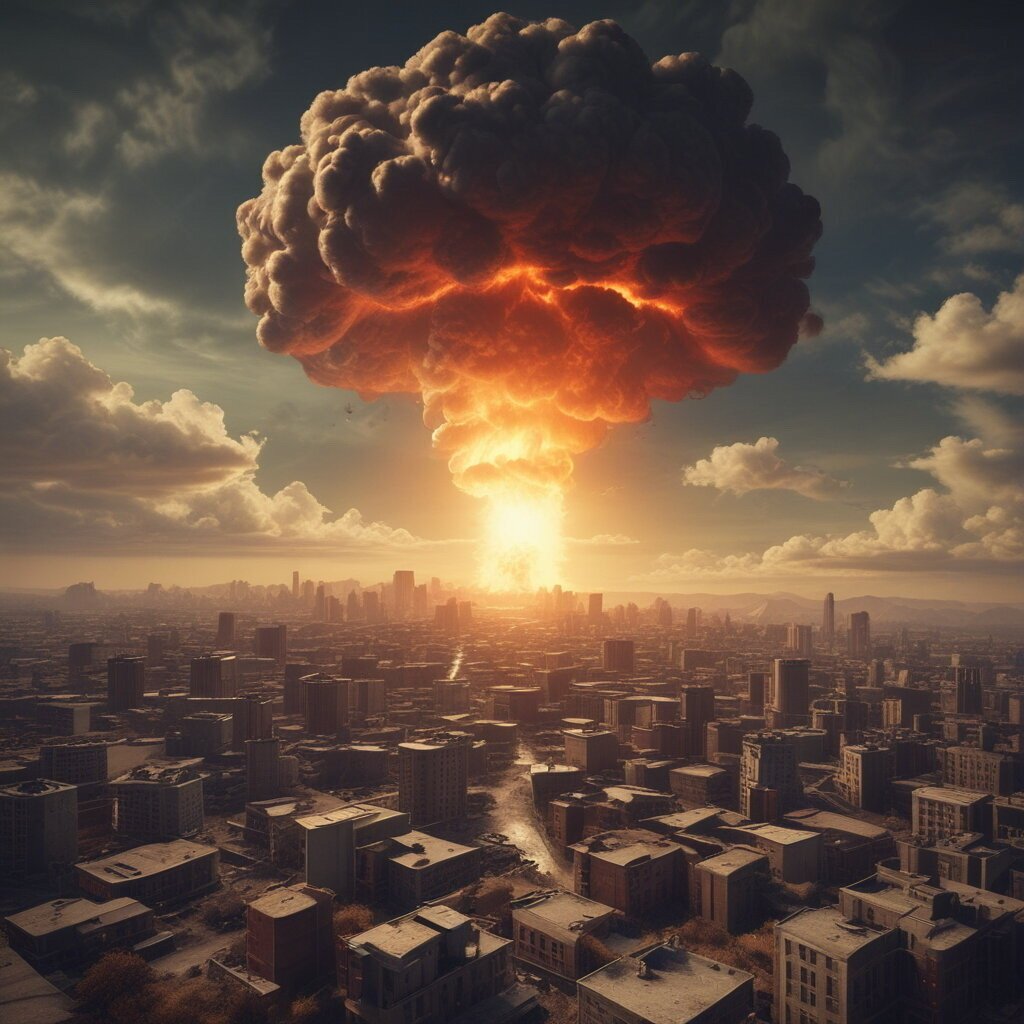 Unofficial fan created artwork. Nuclear explosion in city.