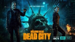 Artwork for The Walking Dead Dead City. Negan standing with Maggie in front of Statue of Liberty head