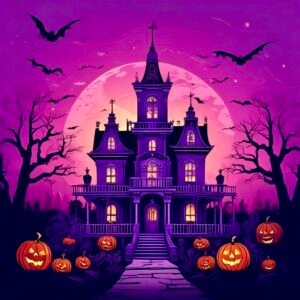 Haunted house, with pumpkins out the front, artwork. For a Halloween Quiz