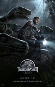 Jurassic World, main actor riding motorbike next to dinosaurs, on film poster