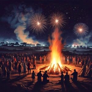 Artwork of people around a bonfire, on a field, with fireworks in the background