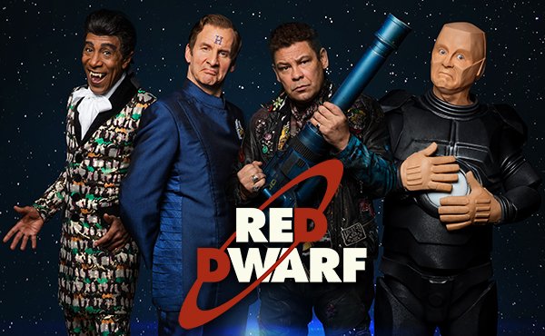 Artwork for Red Dwarf TV show, crew standing behind logo and for a quiz