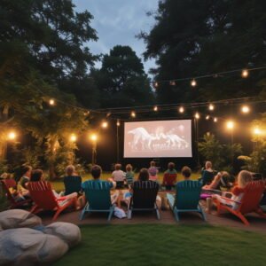 People sitting in garden watching dinosaur films on projector, with dinosaur themed decorations and party.