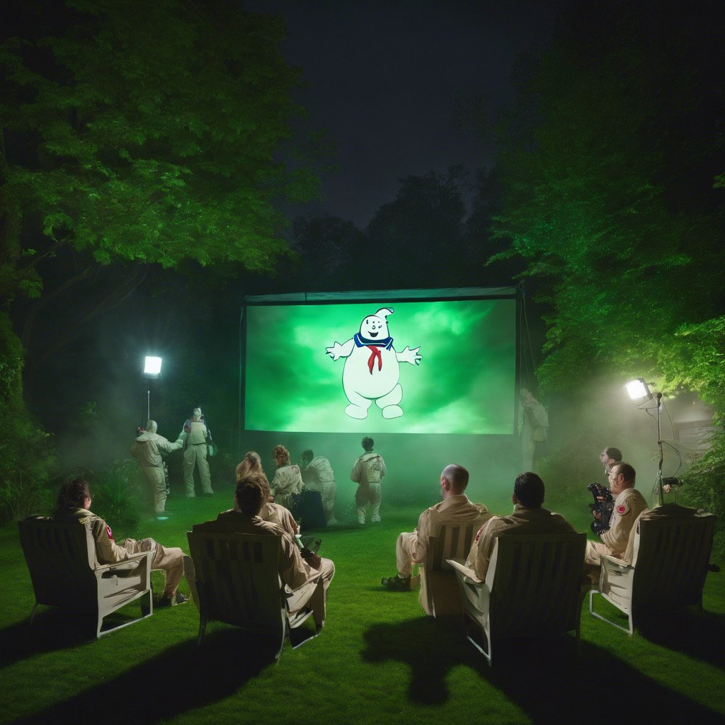 Ghostbusters sitting in garden watching a ghostbusters film in a ghostbusters-themed garden cinema night setting