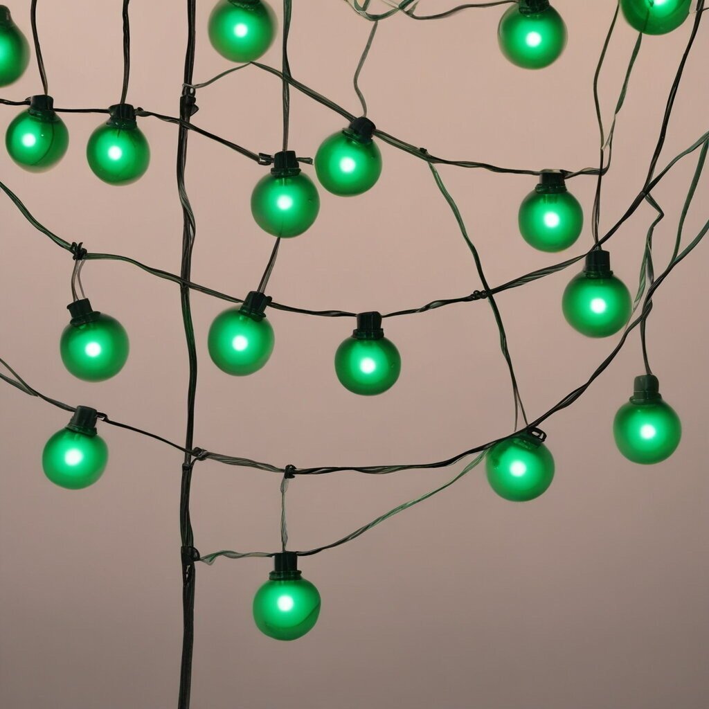 Green string lights hanging up with cream background