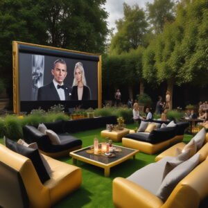 James Bond-Themed Garden Cinema Night with gold seats and people watching James Bond on cinema screen, in garden