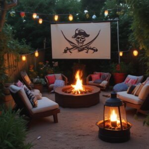 Pirates-Themed Garden Cinema Night with sofas and firepits