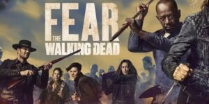 Artwork for Fear The Walking Dead. Characters standing in a line next to logo