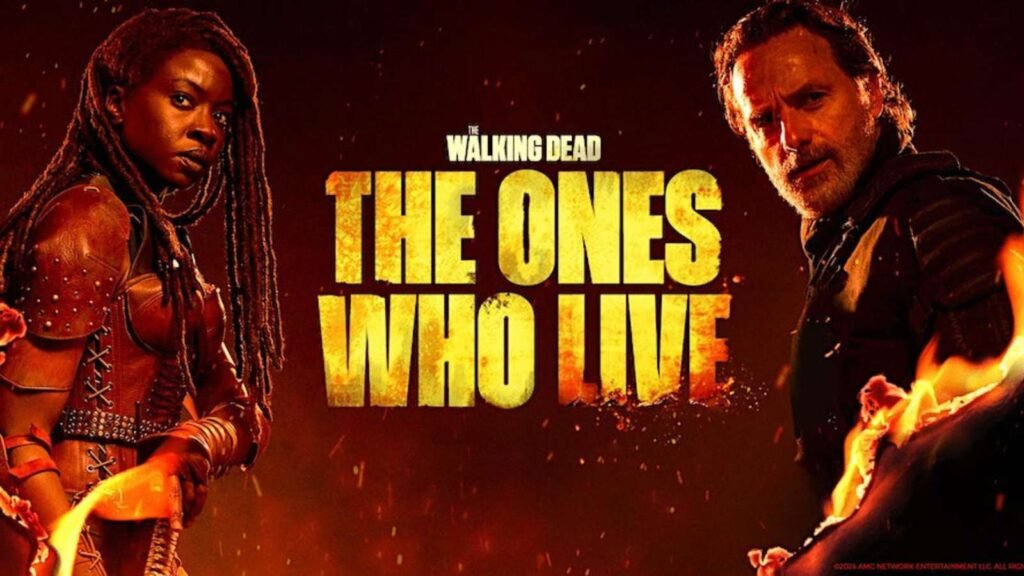 Poster of Rick and Michonne amongst fire, in The Walking Dead The Ones Who Live TV series