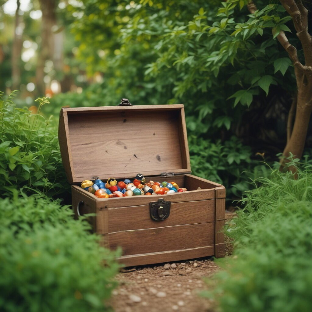 Treasure chest open, in garden