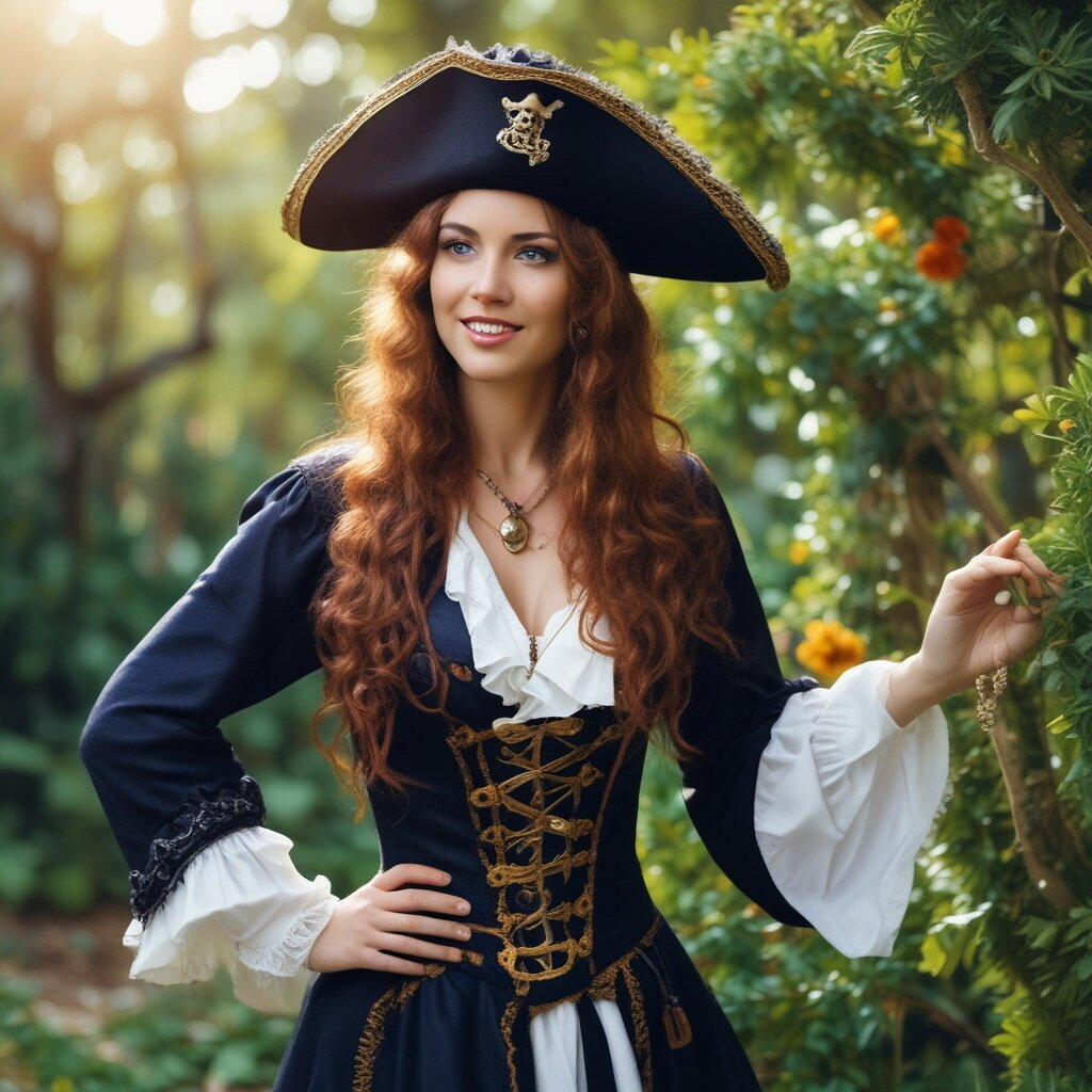 Ladies pirate costume idea, standing in garden with a pirate hat on