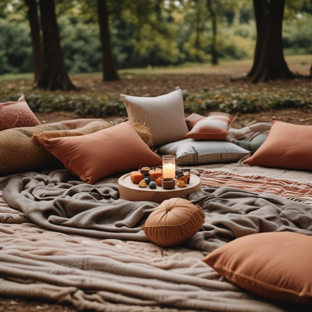 Hobbiton-style blankets in garden for garden cinema night