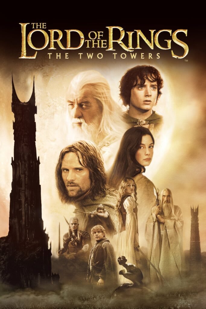 Poster OF The Lord of the Rings, The Two Towers. Cast next to 2 towers