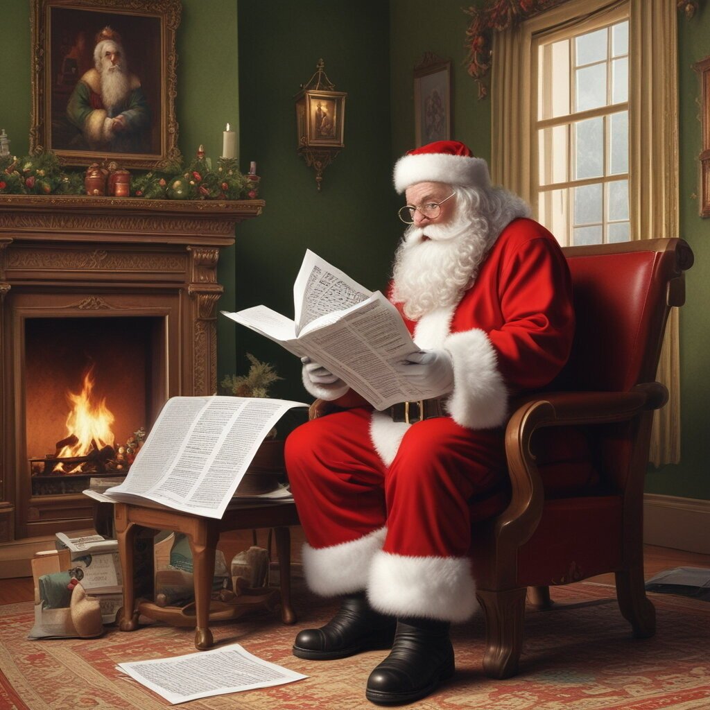 Artwork. Santa reading quiz in a paper