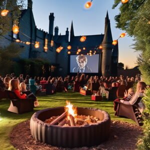 Harry Potter-Themed Garden Cinema Night, castle in background, people watching film, fire pit