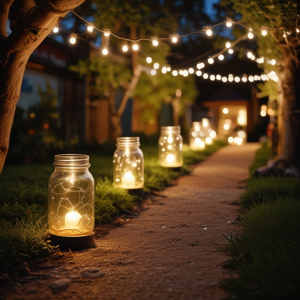 Mason Jar Luminaries down garden path