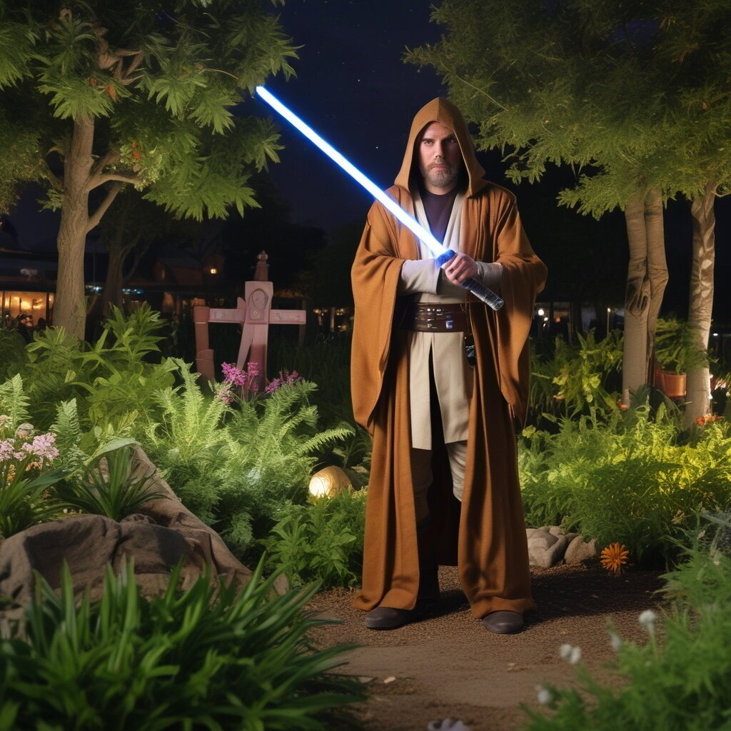 Person standing in garden wearing a Jedi costume