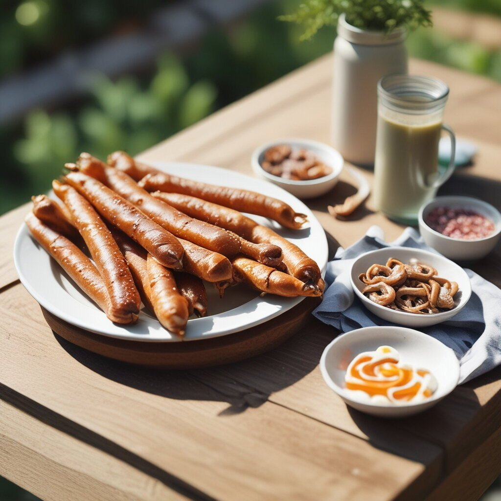 Pretzels, on garden table, with coloured chocolate dips for dipping them, to make lightsaber style pretzels