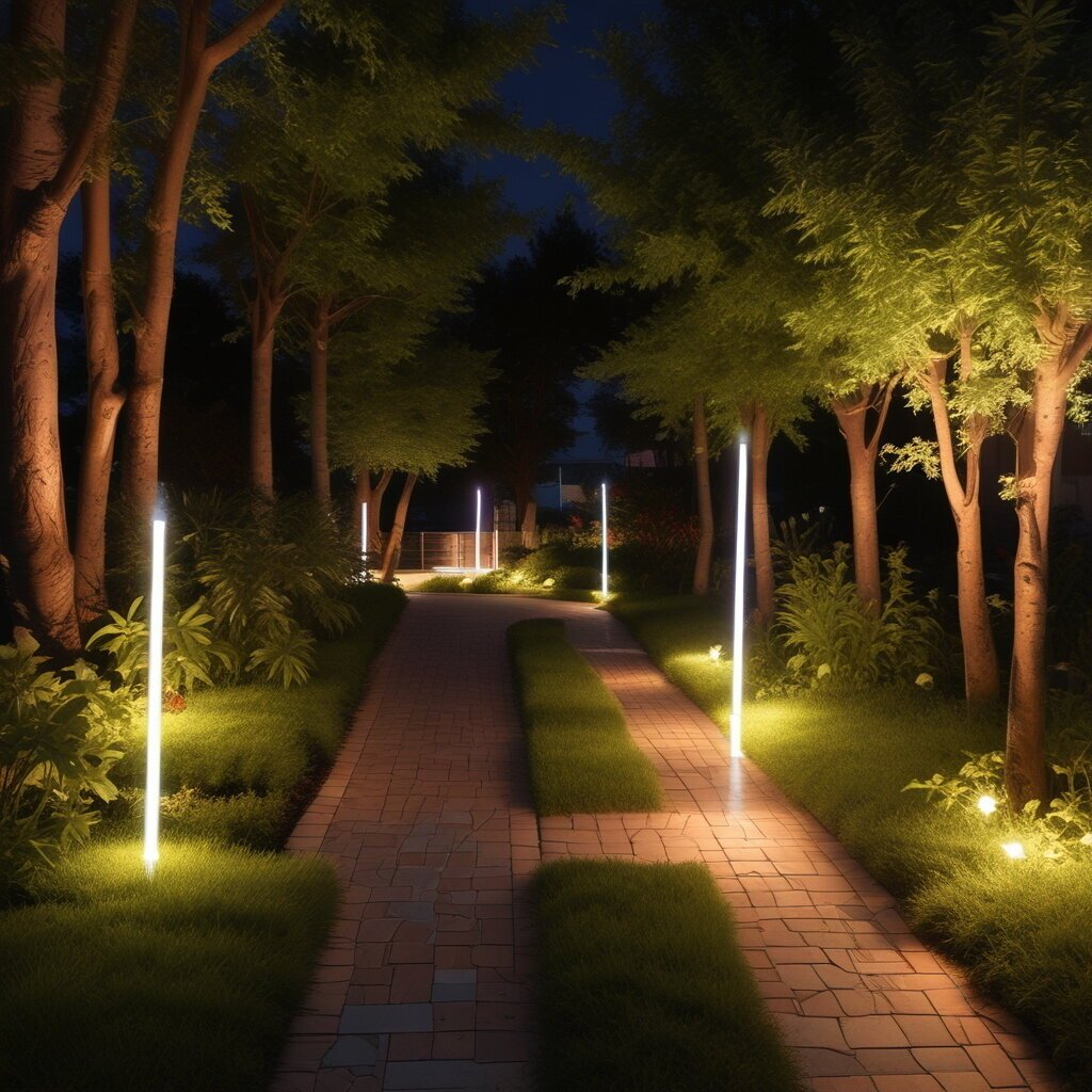 Lightsabers along garden path