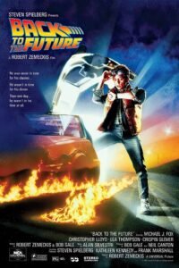 Poster of Back to the Future, Marty McFly standing infant of Delorian looking at his watch