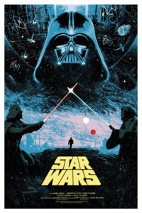 Poster of Star Wars, included logo, a lightsaber fight and darth vader