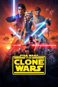 Poster of The Clone Wars TV series. The cast with lightsabers and logo
