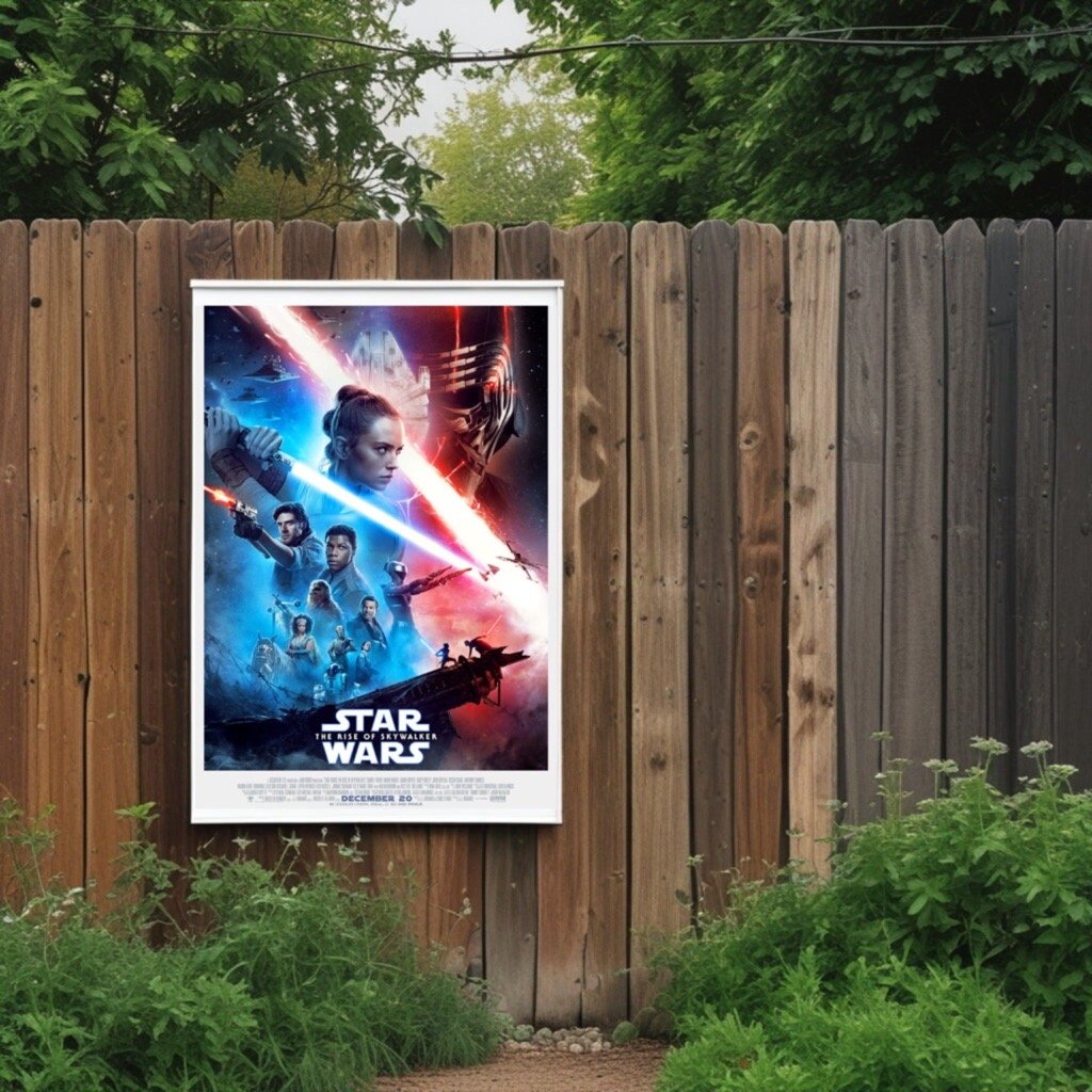 Star Wars film poster in garden, hanging on garden fence, for cinema experience