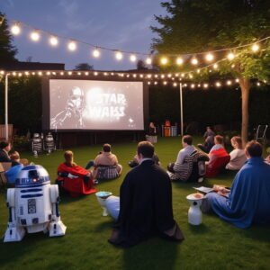 Star Wars garden cinema night, with string lights and projector screen