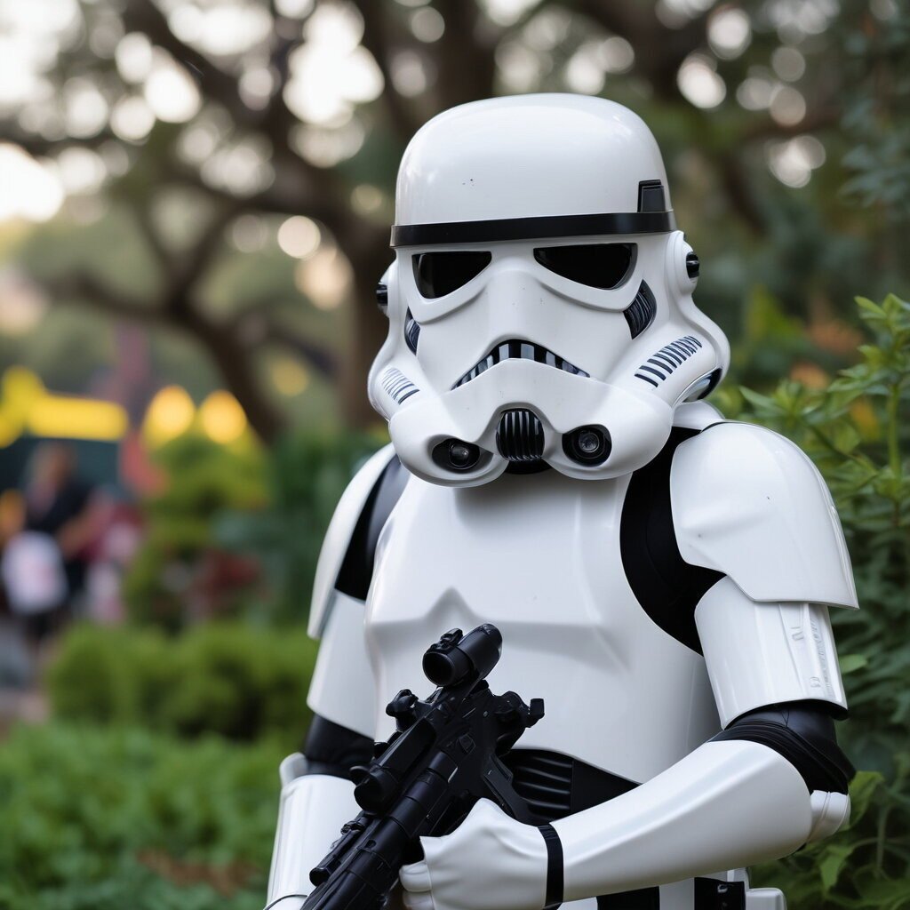Person standing in garden wearing a Stormtrooper costume