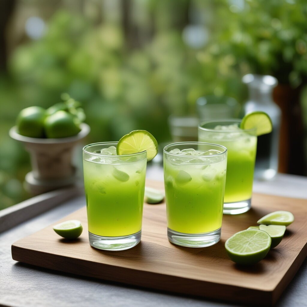 Lime soda drink, in glasses, on garden table, for Star Wars Yoda theme drink