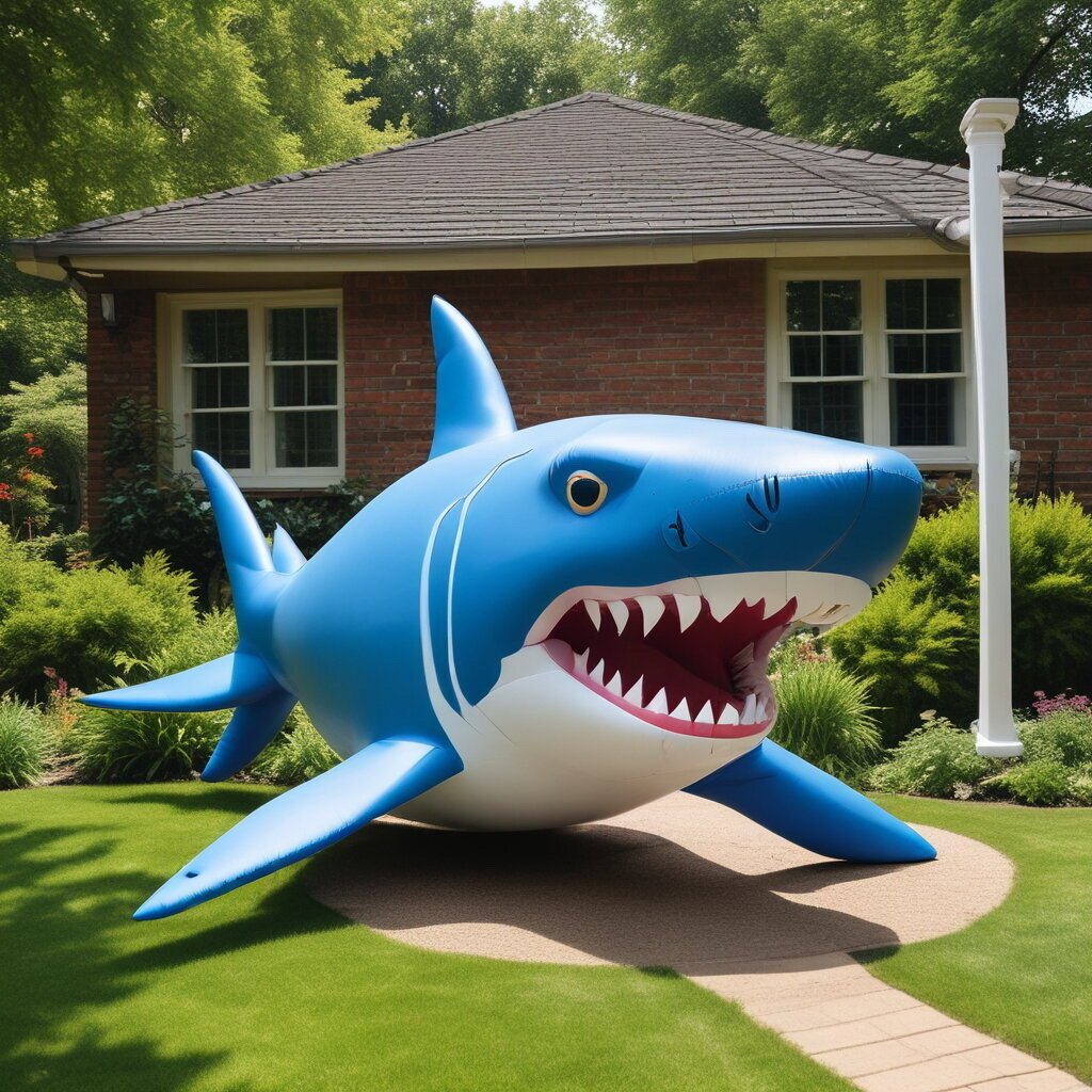 Blowup shark in garden ready for a Jaws themed party