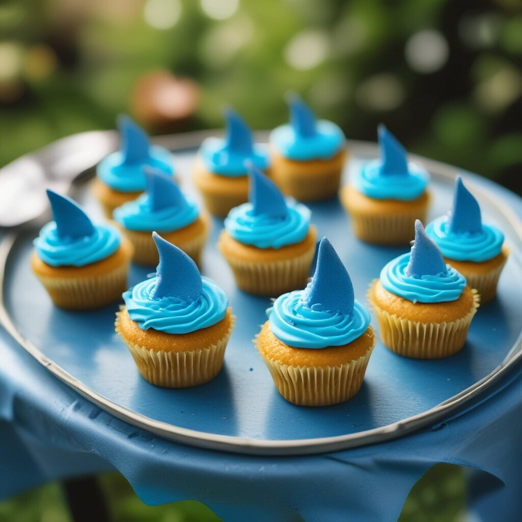 Cupcakes with shark fins on them, for a Jaws themed cake