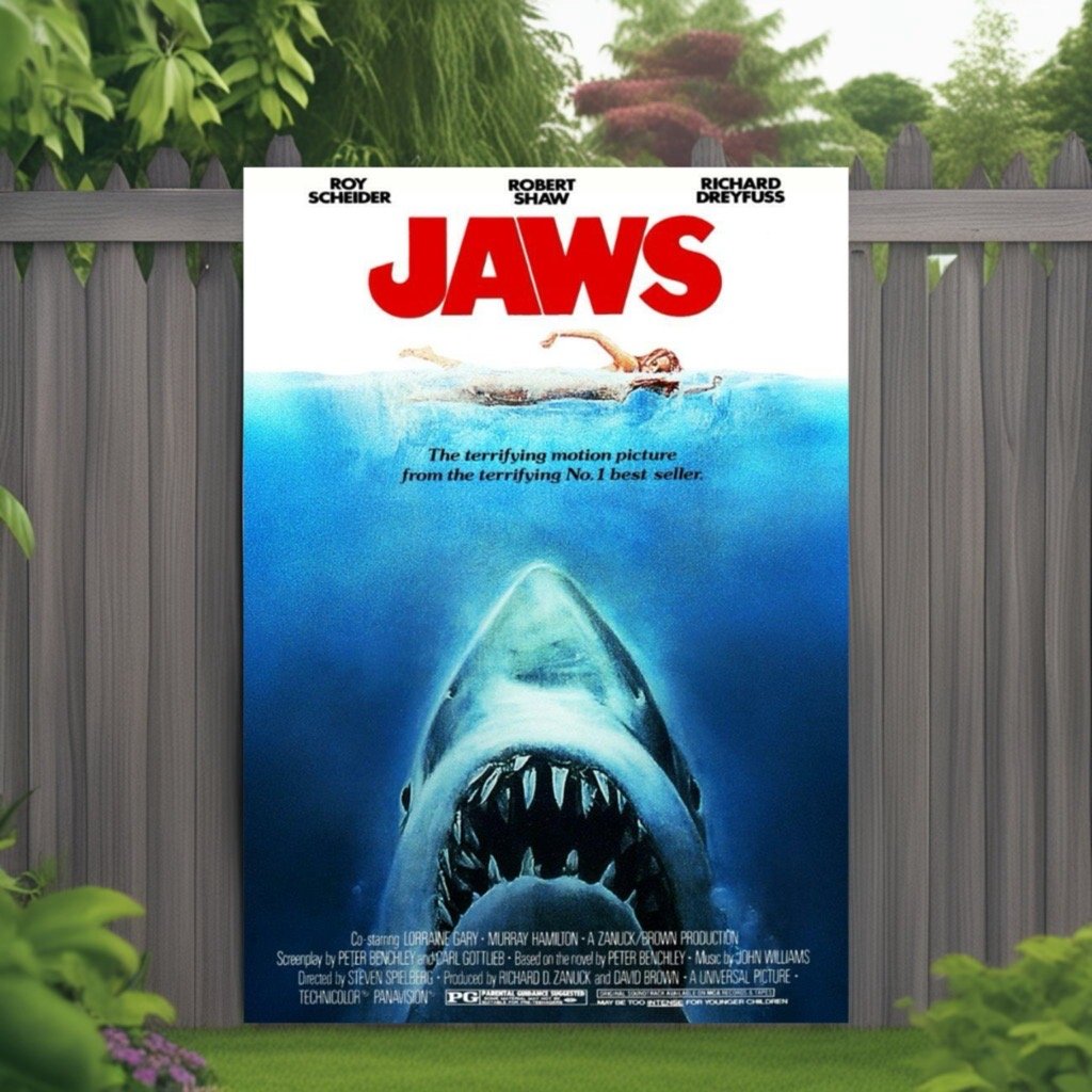 Jaws poster hanging on a garden fence, ready for a garden cinema night
