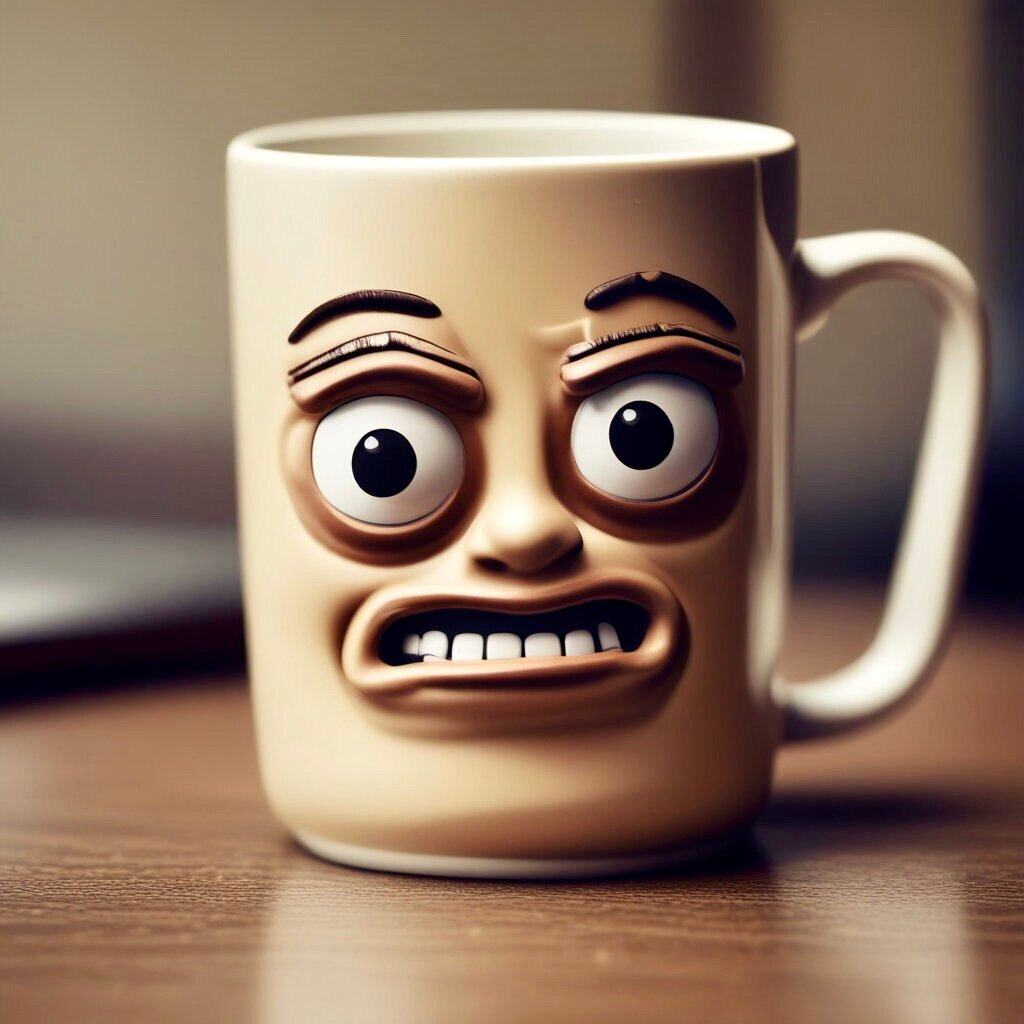 Mug with a thief's face for funny quiz