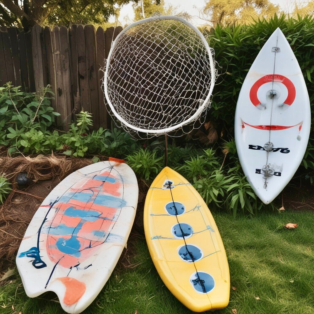 Surfboards and net in garden, with a shark bite on it