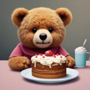 Teddy bear struggling to eat a desert for a funny quiz