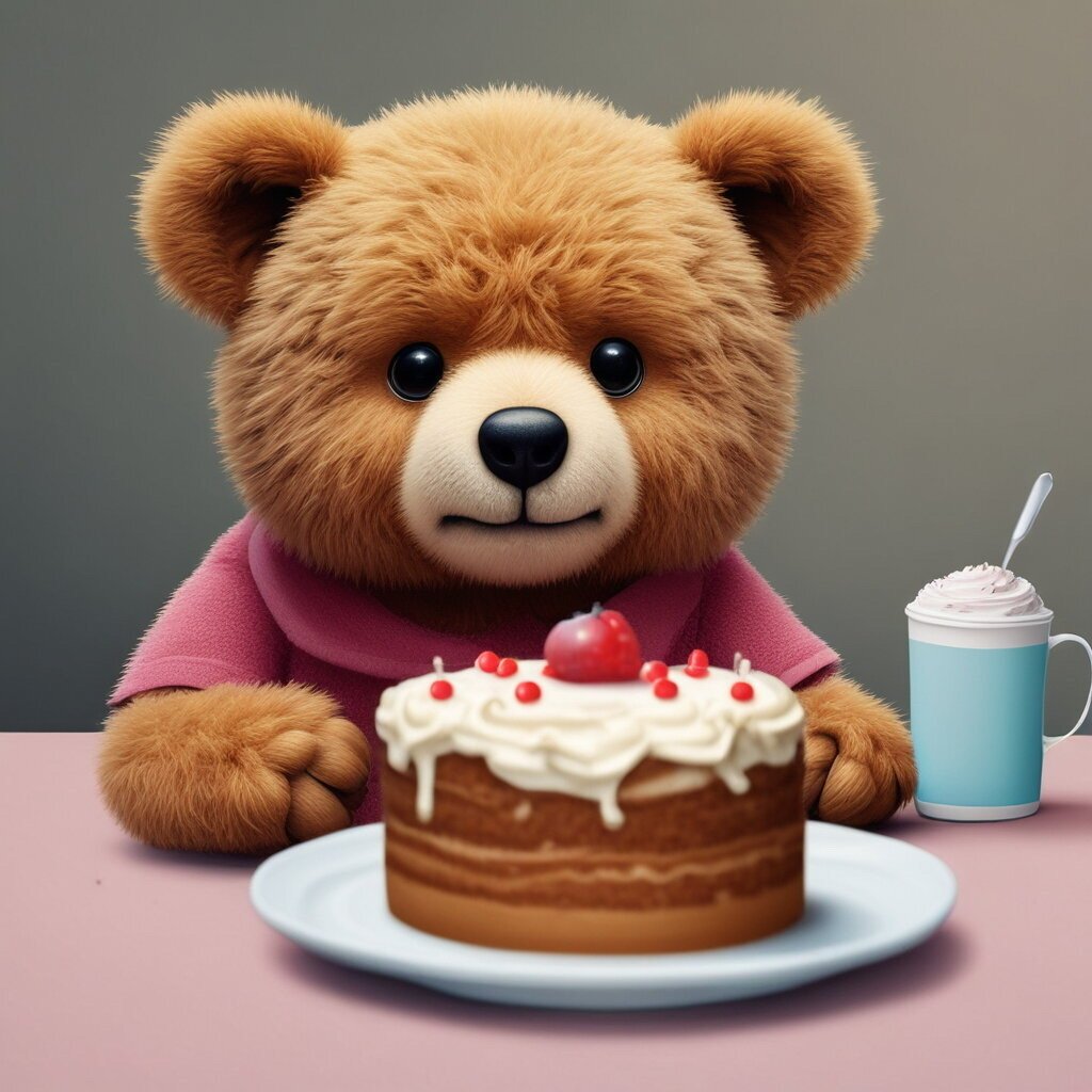 Teddy bear struggling to eat a desert for a funny quiz