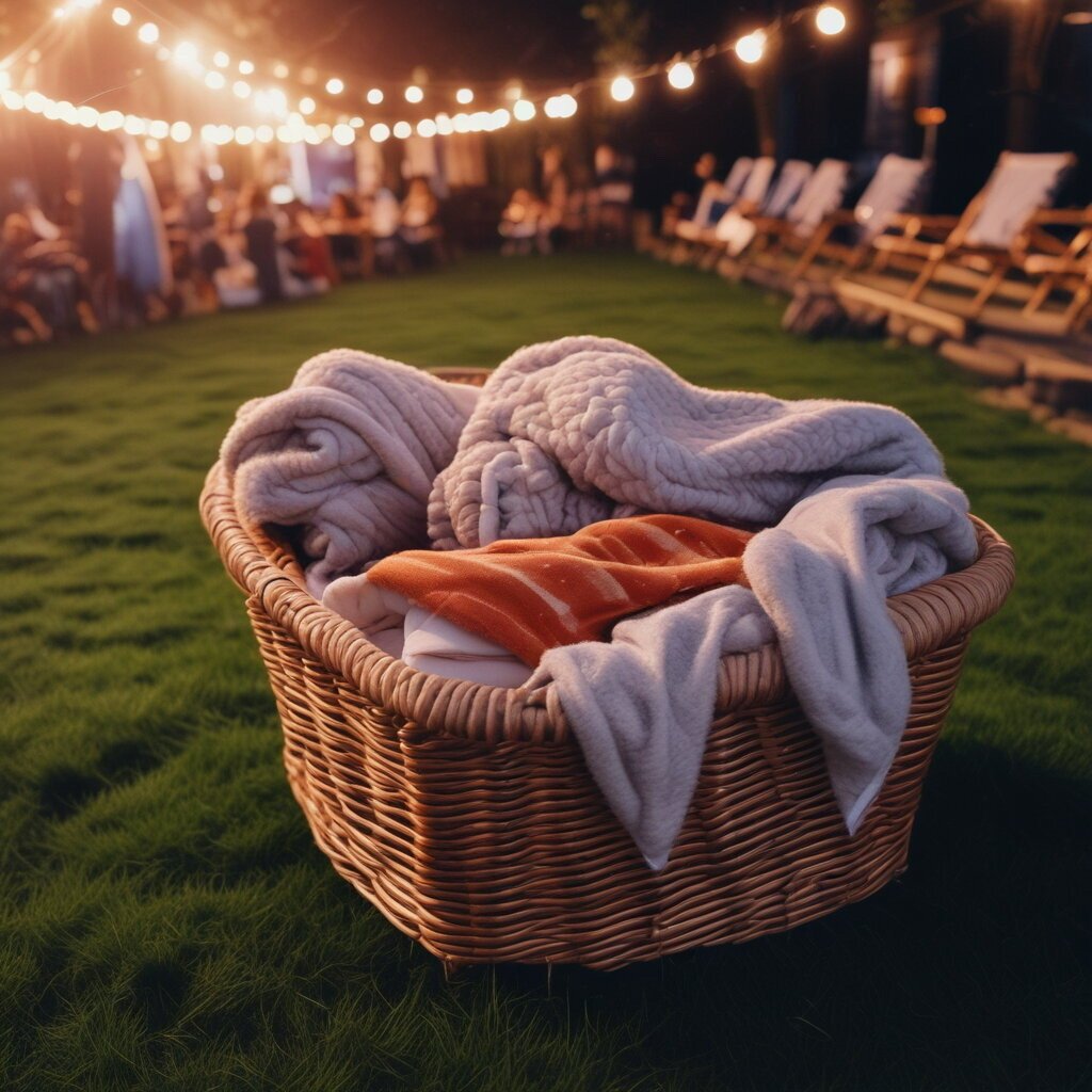 Basket full of blankets in garden, ready for garden cinema night.