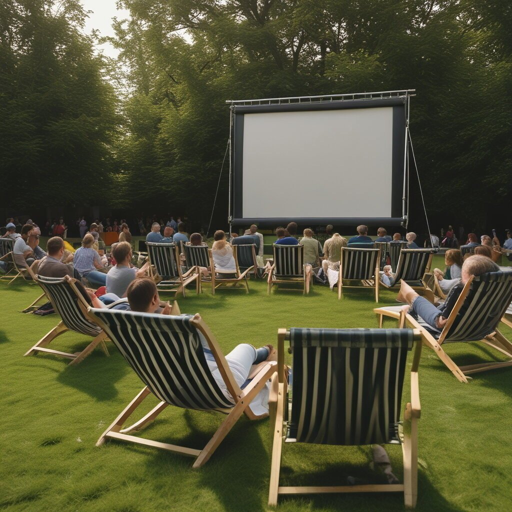 Deck chairs ready for a garden cinema night.