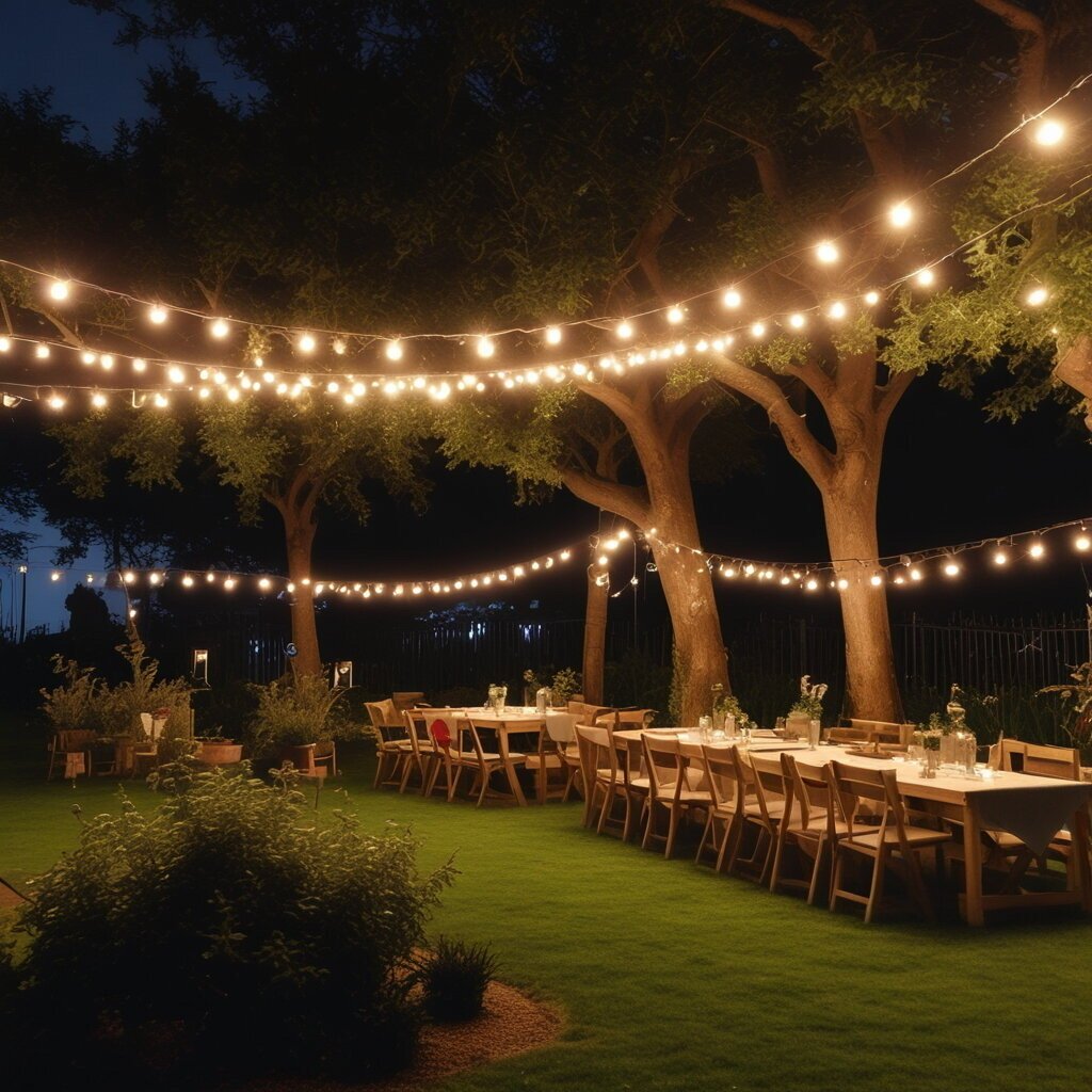 Fairy lights in garden, above tables, ready for a garden party.