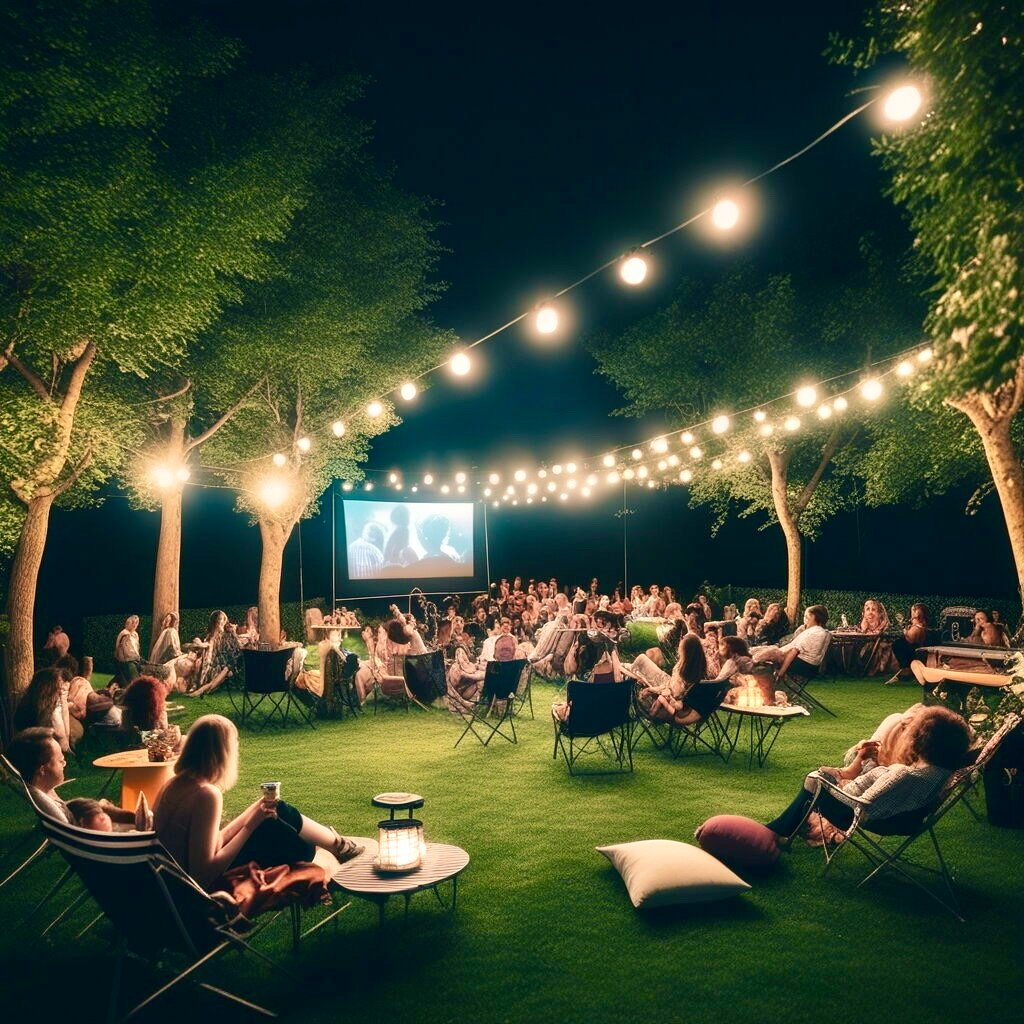Garden cinema film night, people sitting watching film, fairy lights