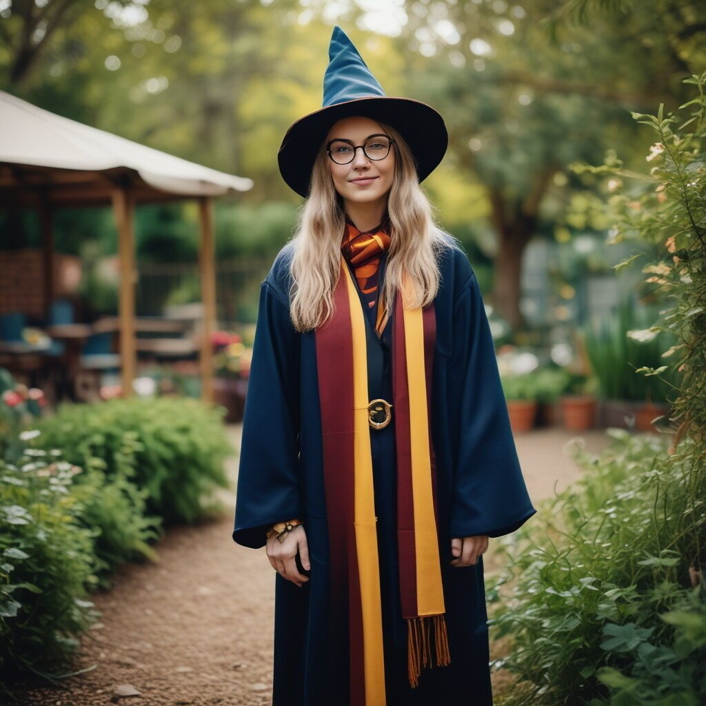 Lady dressed in a Harry Potter costume, with robes and a hat