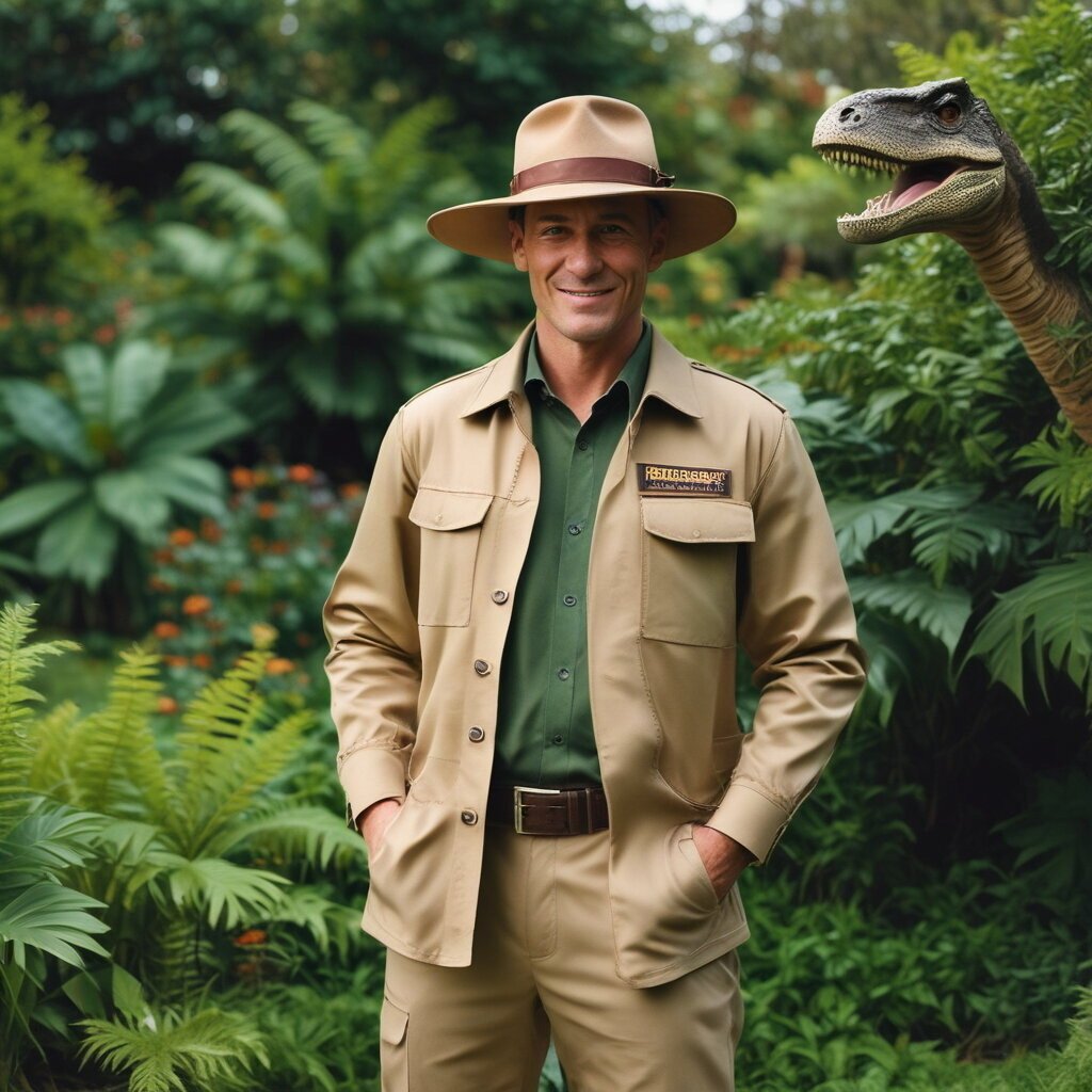 Man wearing a Jurassic Park costume, with beige top, trousers and hat. Standing in garden
