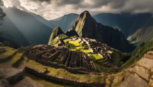 Machu Picchu. Ancient Inca ruins atop majestic mountain peak generated by AI
