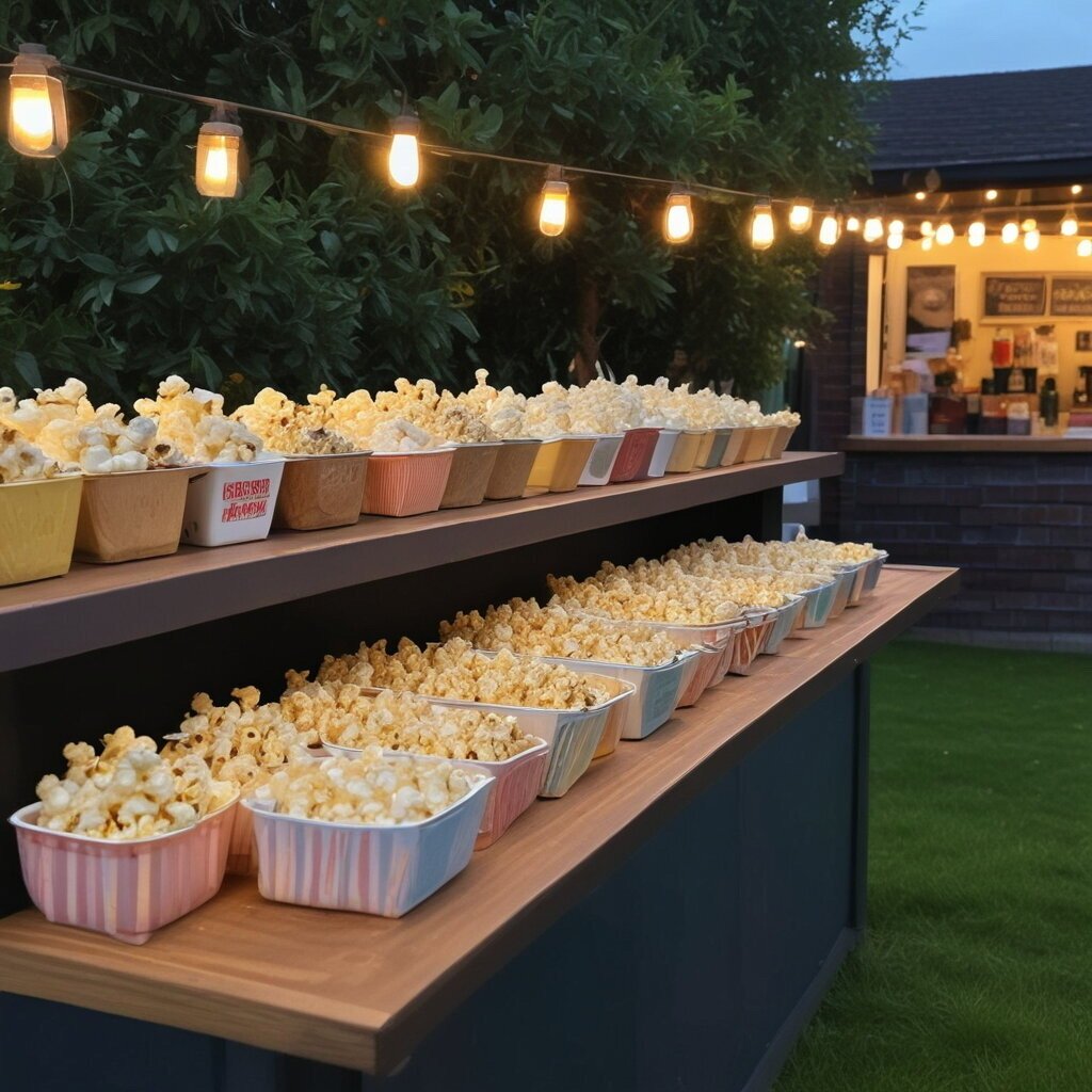 Popcorn bar in garden, with a variety of popcorn on.